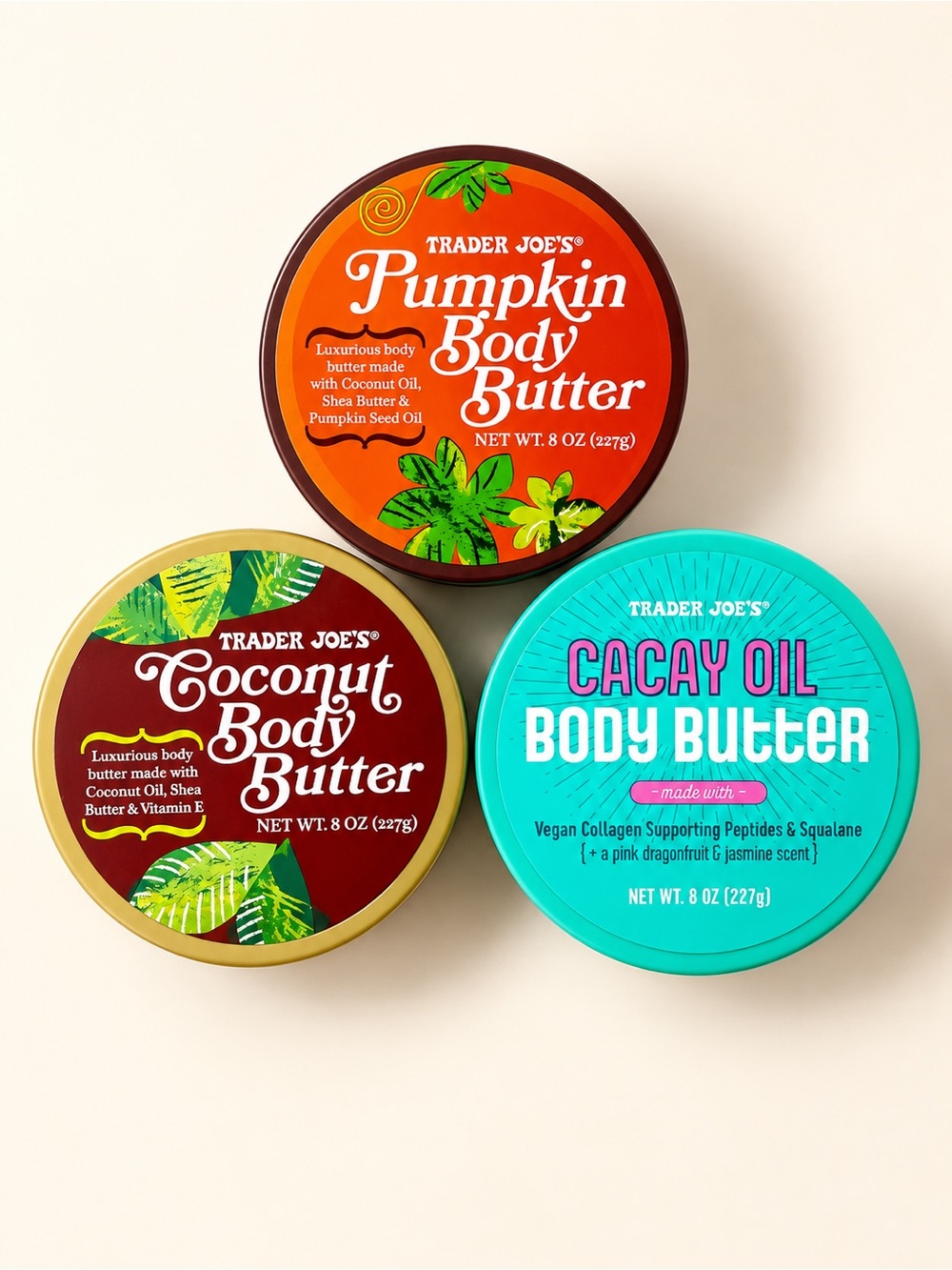NEW • Trader Joe's Body Butter Trio • Pumpkin + Coconut + Cacay • 8 oz Each
